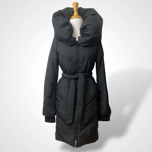 BCBG MAXAZRIA Long Black Puffer Down Coat Women Size XS High Collar 2 Way Zipper - Picture 1 of 12